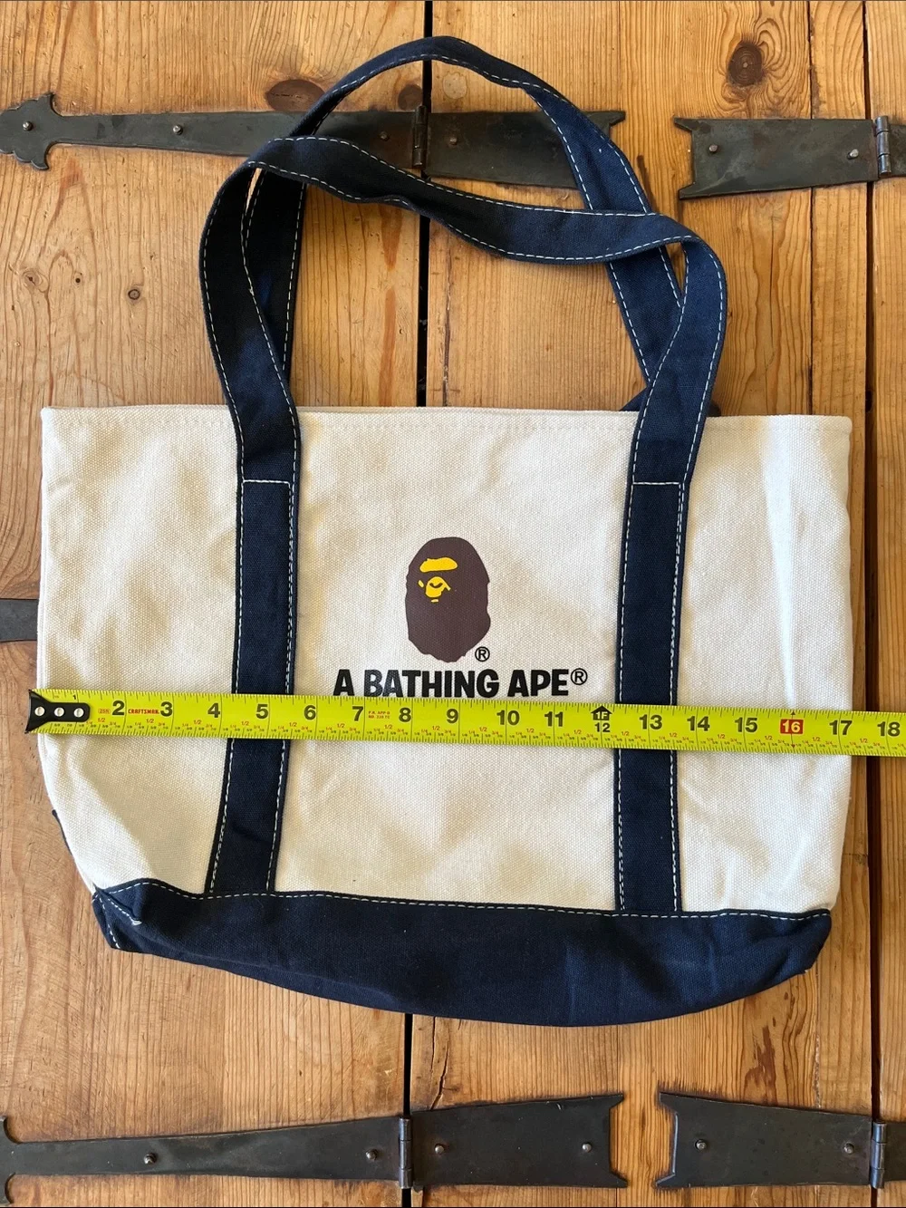 A Bathing Ape Cream Canvas Tote with Navy Trim